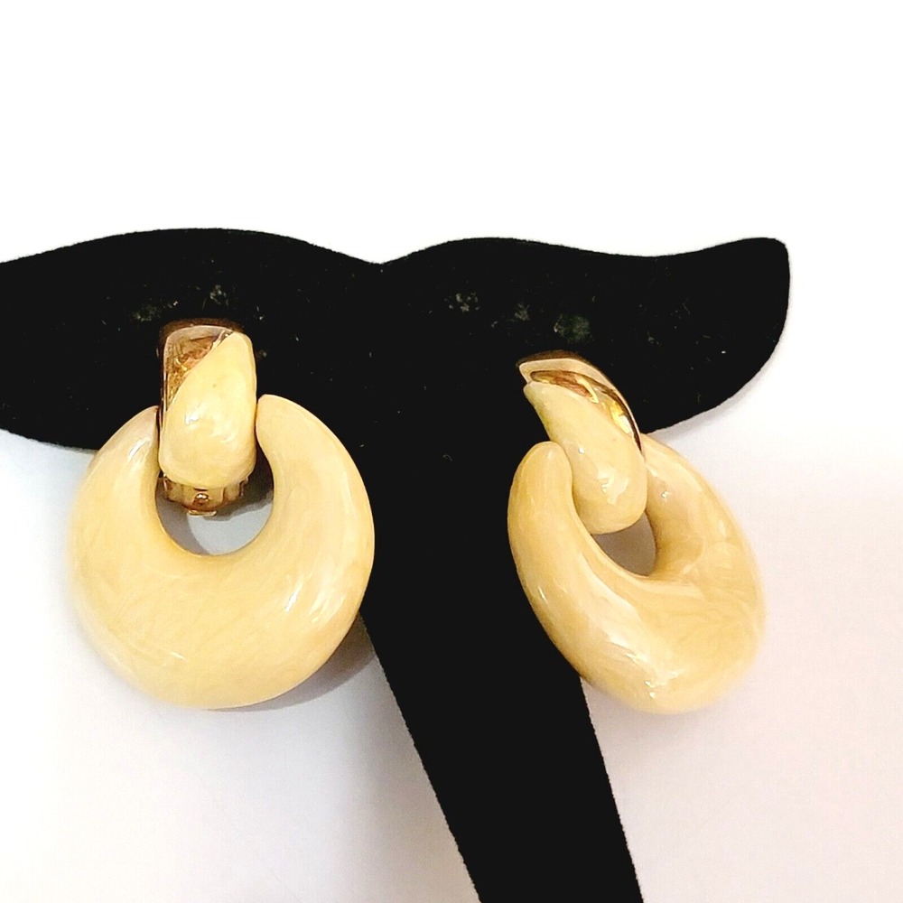 Vintage Enamel Clip-On Earrings Cream‎ Enamel Door Knockers Retro Dangle wc-57